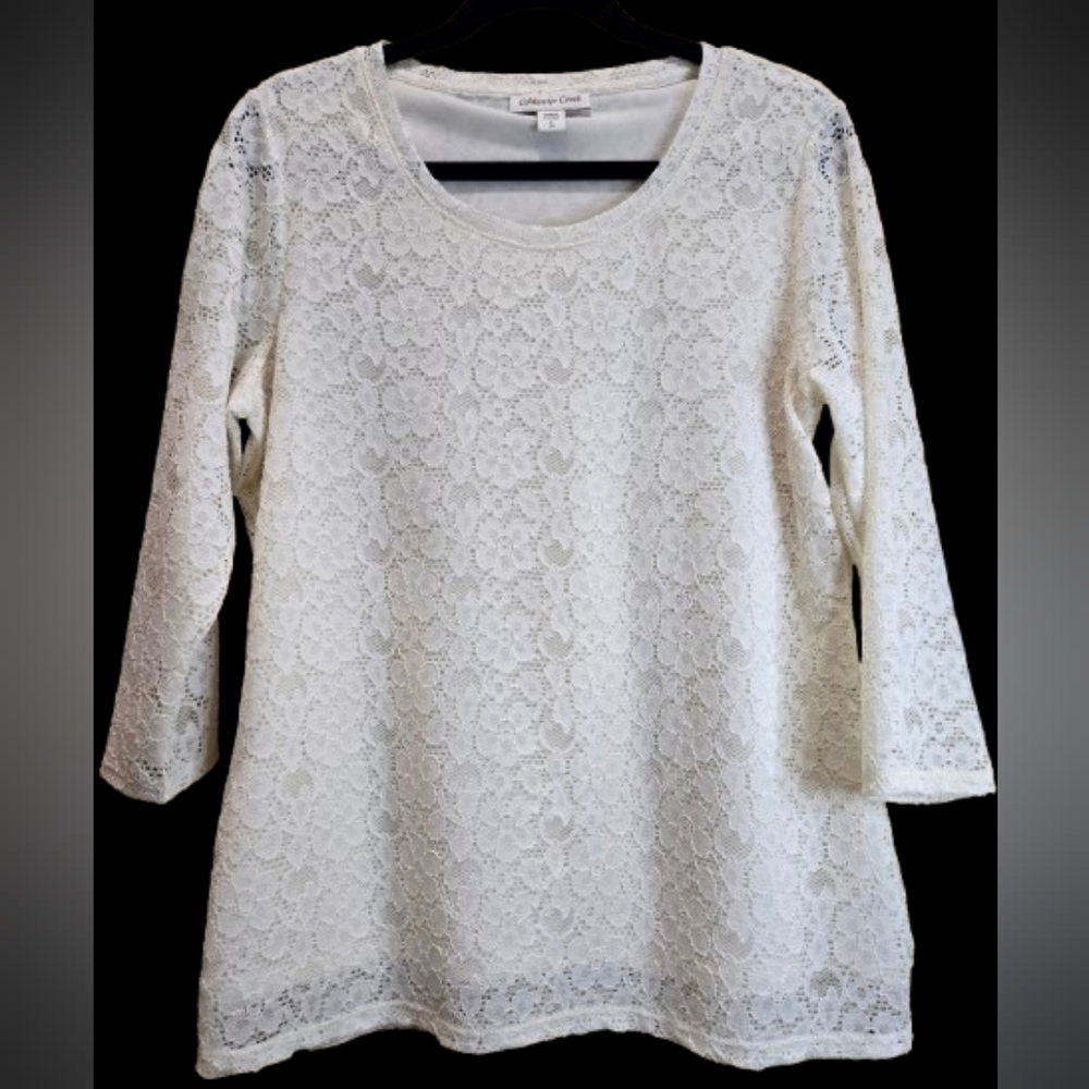 Coldwater Creek Cream Lined Lace Top With Sheer Sleeves